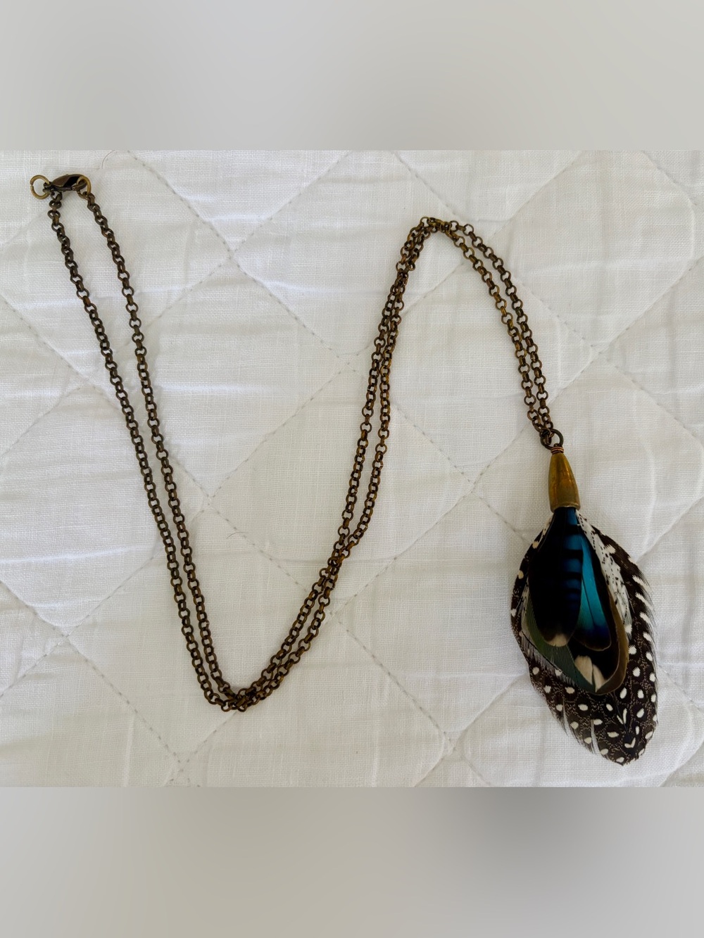 Vintage Patina Bronze Necklace with Genuine Feather Pendant